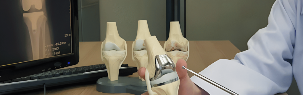 Doctor examining knee models during Knee Replacement Surgery in India