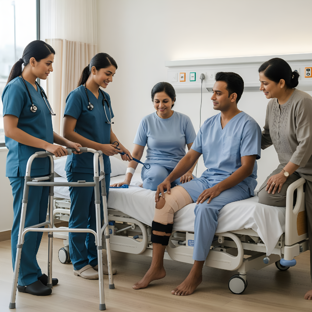 Patient with knee brace sitting on hospital bed surrounded by medical staff