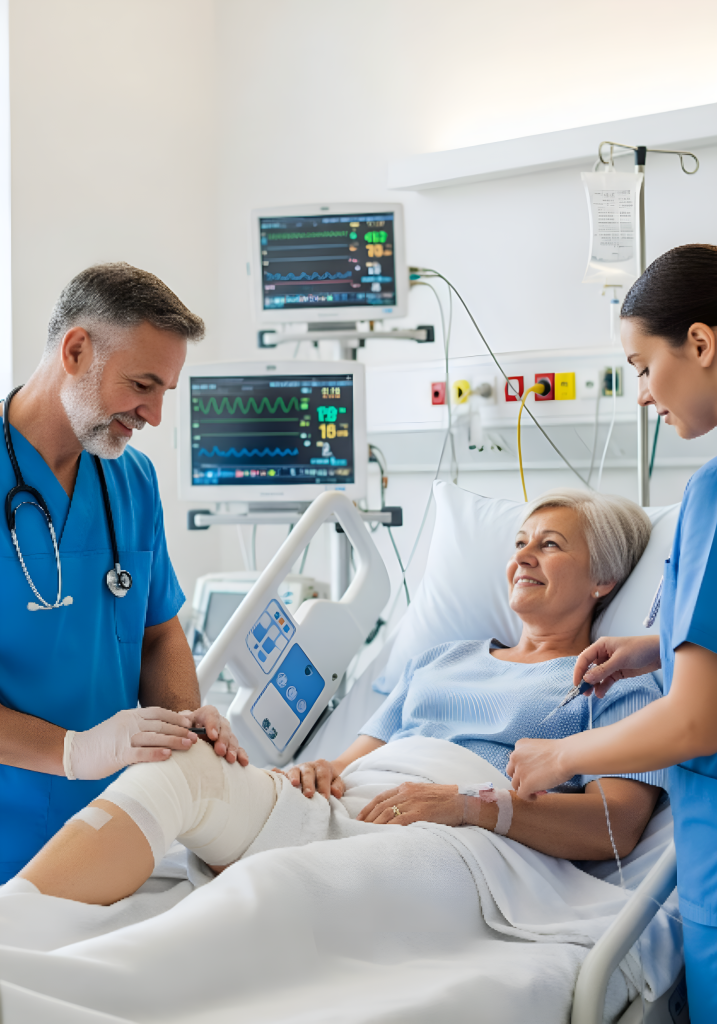 Nurses assist elderly patient in hospital bed after knee replacement surgery