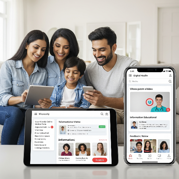 Family using telemedicine app on devices for orthopedic services in India