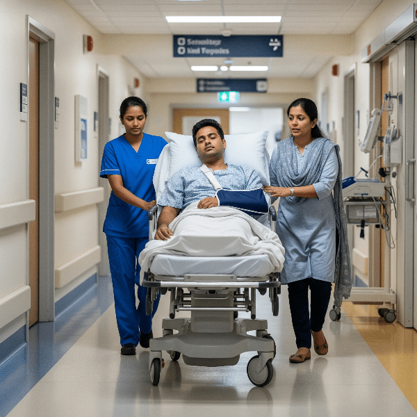 Hospital Patient With Arm Cast Being Wheeled