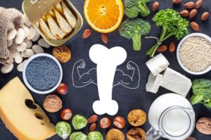 Foods for bone and joint health: fruits, nuts, cheese, beans, milk