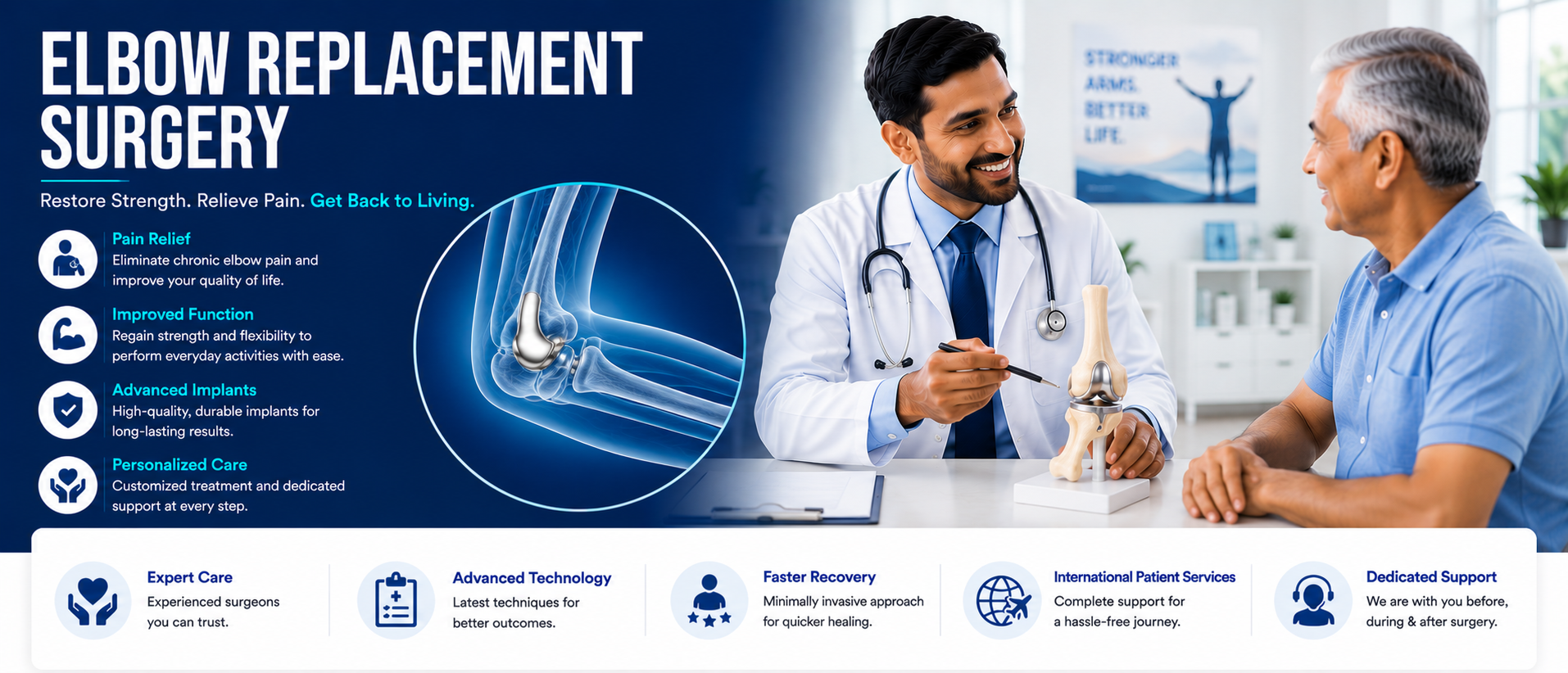 Doctor discusses elbow replacement surgery with a patient, showing an elbow implant.