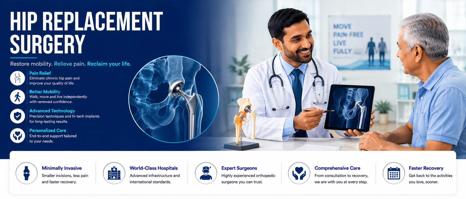 Doctor shows hip replacement surgery on tablet to patient