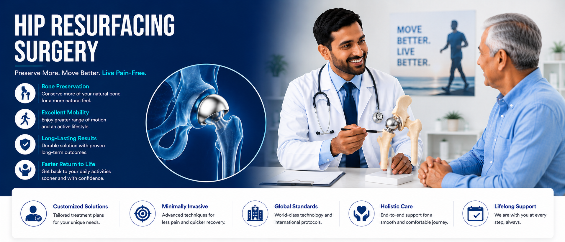 Doctor discusses hip resurfacing surgery with patient. Image highlights benefits.