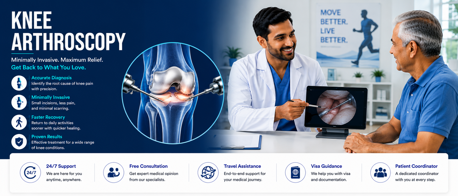 Doctor discusses knee arthroscopy with patient, showing knee joint image