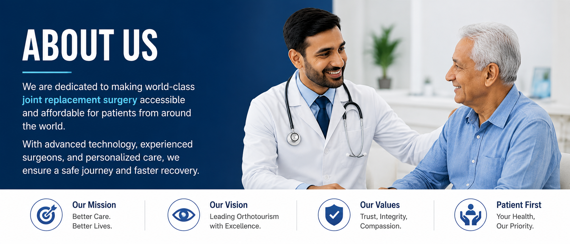 Orthopedic doctor consulting elderly patient about joint replacement surgery