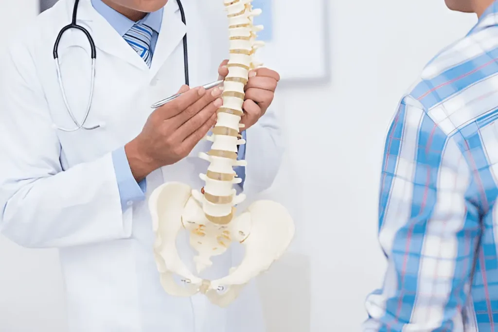 Doctor showing spine model to patient for hip and joint replacement in India